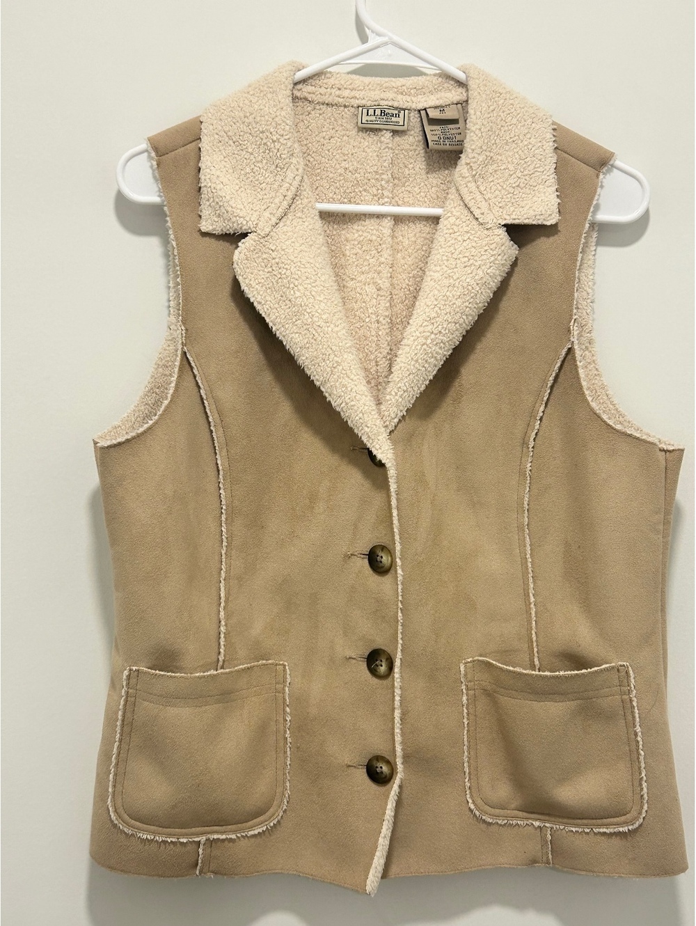 L.L.Bean Women's Medium Beige Faux Shearling Vest with Button Closure